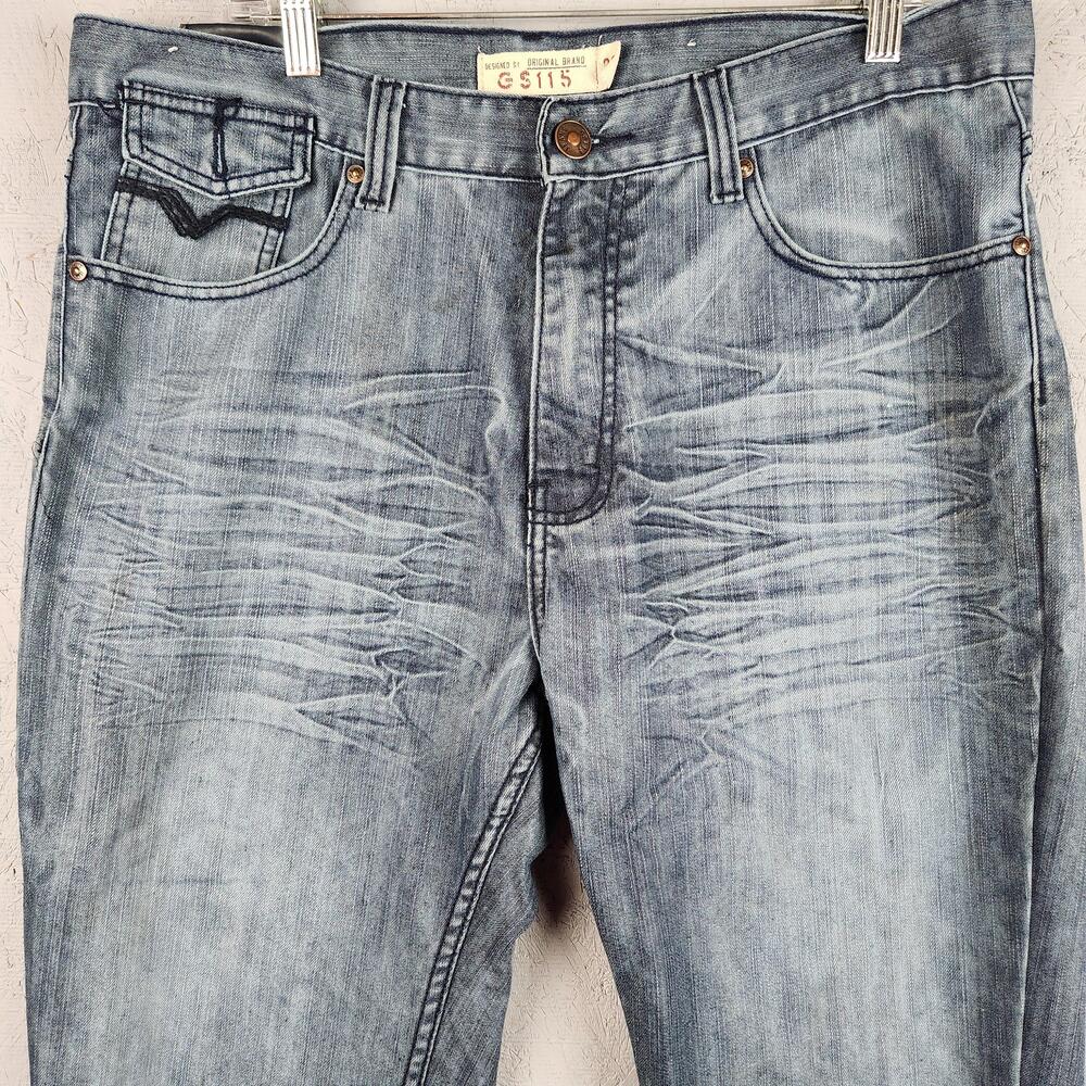GS115 Dylan Slim Fit Jeans Mens 36 Blue Medium Wash Straight Leg Faded Whiskers